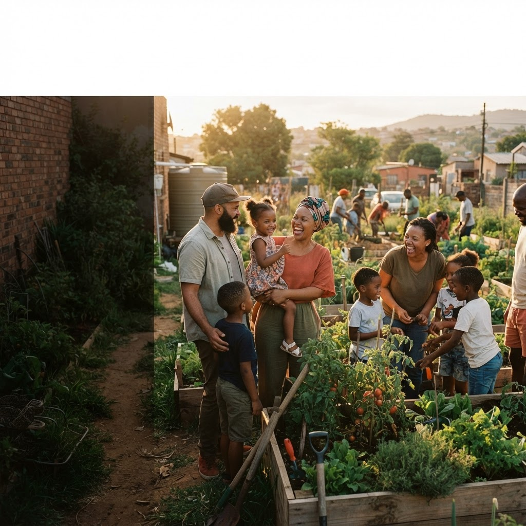 Families and children gathered together in a Soweto community garden